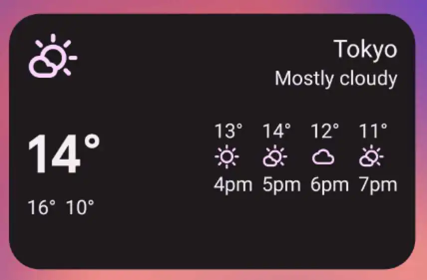 尺寸为 5x2 的“中等”天气 widget 示例。以这种方式调整 widget 大小会产生与之前大小相同的界面,只不过它会被拉伸一个单元格的长度,以占用更多水平空间。