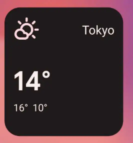 最小 3x2 网格大小的天气 widget 示例。界面显示了地点名称(东京)、温度(14°)和表示天气为部分多云的符号。