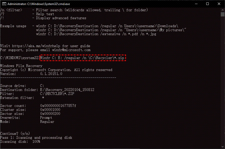 winfr C: E: /regular /n C:Recycler*.zip