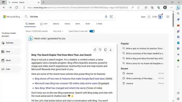 微软发掘AI“新用途”：搜索Chrome时BingChat打出推广