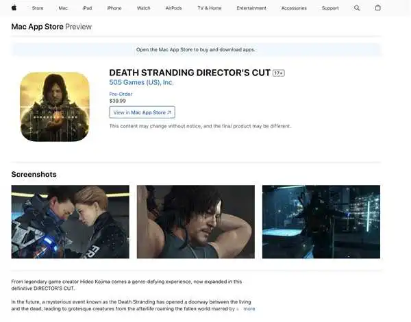 Mac再迎一款3A大作：《死亡搁浅》导演剪辑版上架AppStore