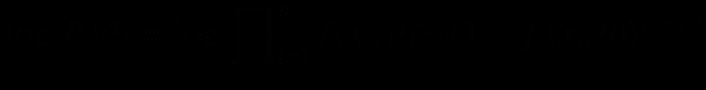 $$ mathit{log} Pleft(	heta 
ight)=mathit{log} {prod}_{i=1}^nf{left({x}_i,	heta 
ight)}^{y_i}cdotp {left(1-fleft({x}_i,	heta 
ight)
ight)}^{left(1-{y}_i
ight)} $$