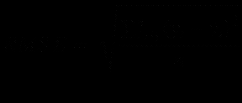 $$ RMSE=sqrt{frac{sum_{i=0}^n{left({y}_i-{hat{y}}_i
ight)}²}{n}} $$