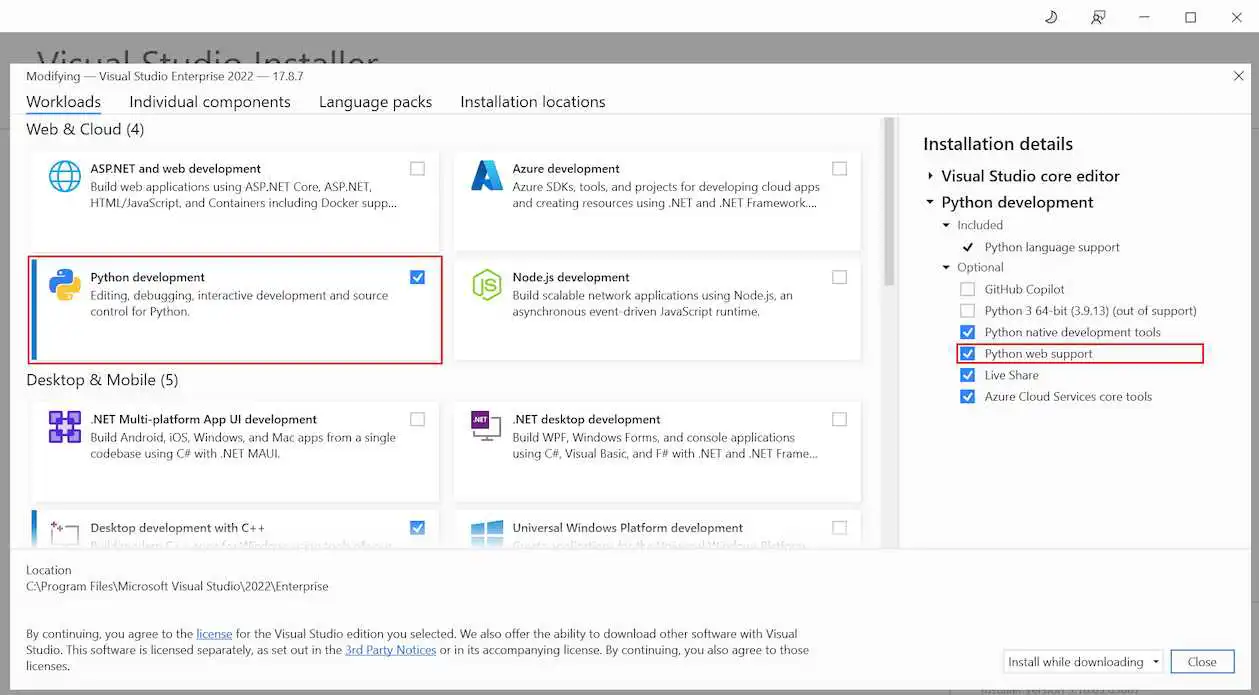 Visual Studio 安装程序的屏幕截图，其中选择了“Python 开发”工作负载和“Python Web 支持”。