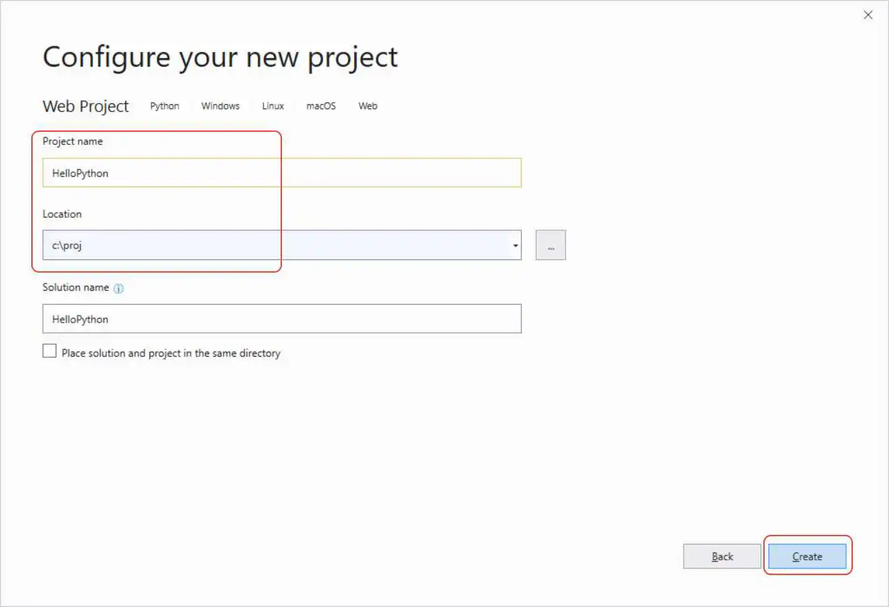 显示如何在 Visual Studio 2019 中为新的 Python Web 项目配置设置的屏幕截图。