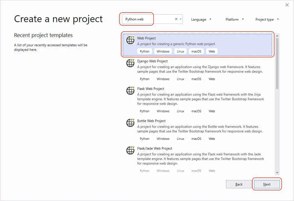 显示如何在 Visual Studio 2019 中创建新的 Python Web 项目的屏幕截图。