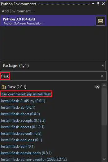 显示如何在 Visual Studio 2022 中使用 pip 安装来安装 Flask 库的屏幕截图。