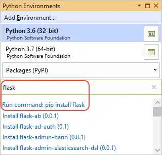 显示如何在 Visual Studio 2019 中使用 pip 安装来安装 Flask 库的屏幕截图。