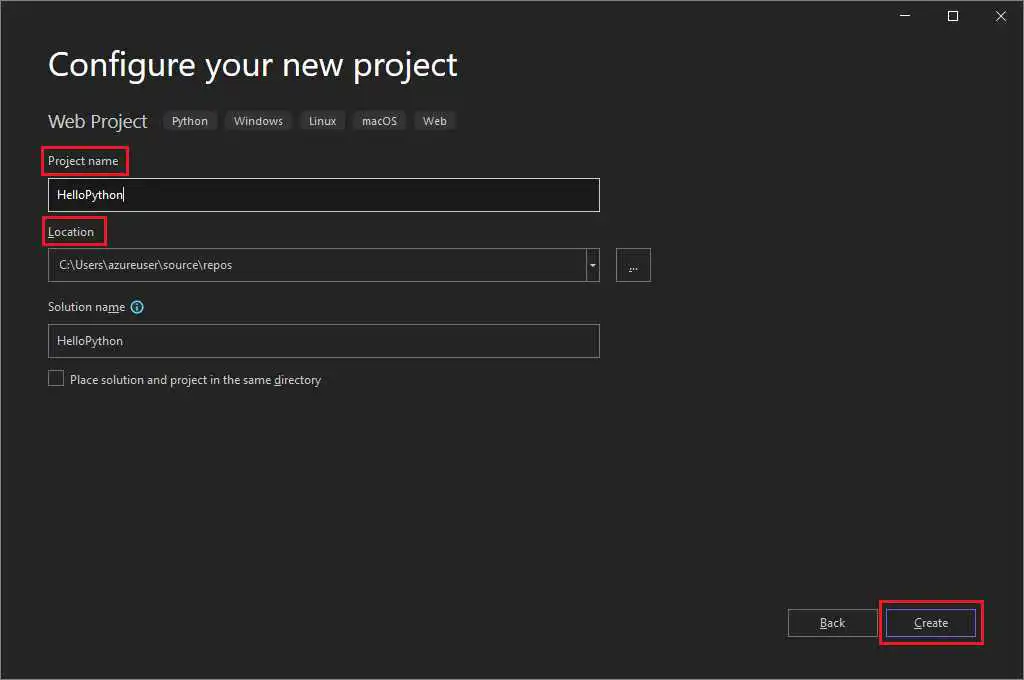 显示如何在 Visual Studio 2022 中为新的 Python Web 项目配置设置的屏幕截图。