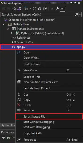 显示如何在 Visual Studio 2022 的解决方案资源管理器中为项目设置启动文件的屏幕截图。