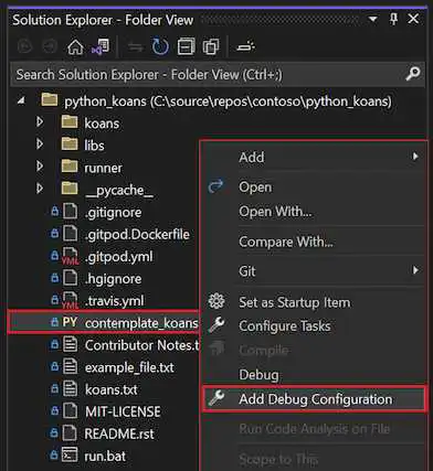 显示如何在 Visual Studio 2022 的解决方案资源管理器中为选定文件选择添加调试配置选项的屏幕截图。