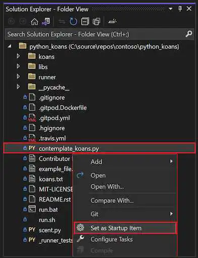 显示如何在 Visual Studio 2022 的解决方案资源管理器中将 estate koans Python 文件设置为启动项的屏幕截图。