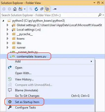 显示如何在 Visual Studio 的解决方案资源管理器中将 estate koans Python 文件设置为启动项的屏幕截图。
