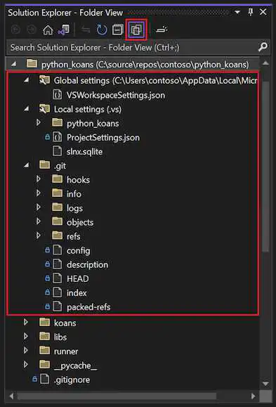 显示如何在 Visual Studio 2022 的解决方案资源管理器中查看隐藏文件夹和文件的屏幕截图。