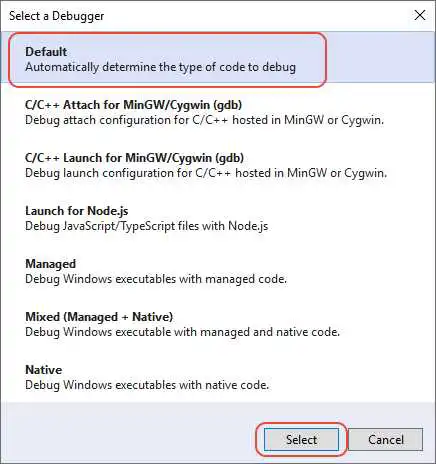 显示如何在 Visual Studio 的“选择调试器”对话框中选择默认调试器的屏幕截图。