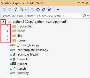 显示 Visual Studio 解决方案资源管理器中文件夹的展开和折叠箭头的屏幕截图。