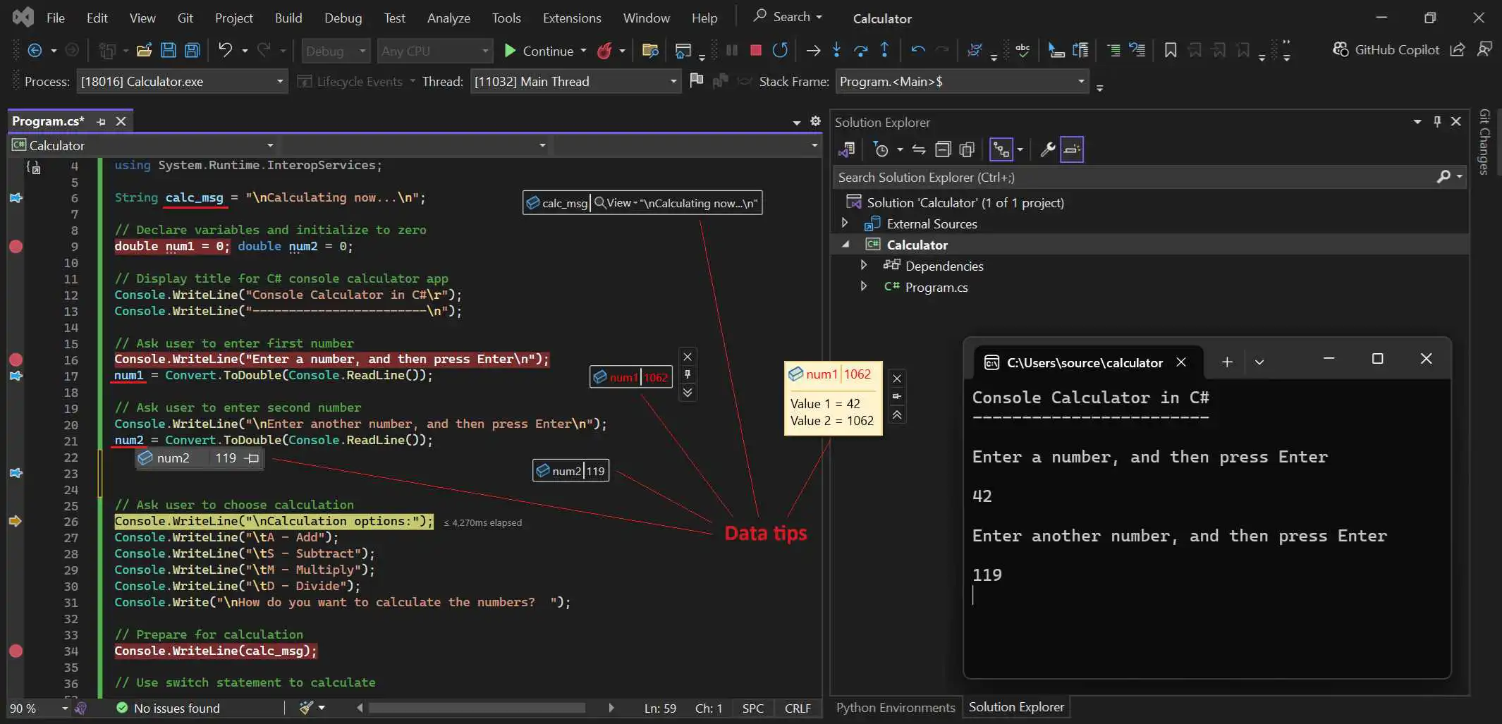 Visual Studio 中调试会话的屏幕截图，其中包含范围内变量的数据提示示例。