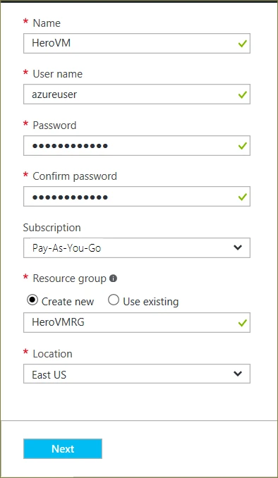 显示用于配置 Azure VM 的“基本信息”边栏选项卡上的设置的屏幕截图