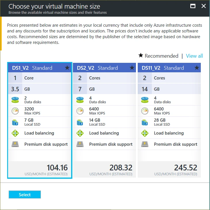 显示可以选择的 Azure VM 大小的“大小”边栏选项卡的屏幕截图