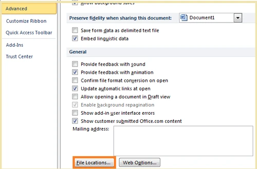 突出显示“文件位置”按钮的“Word 选项”<a href='/tag/409'>窗口</a>