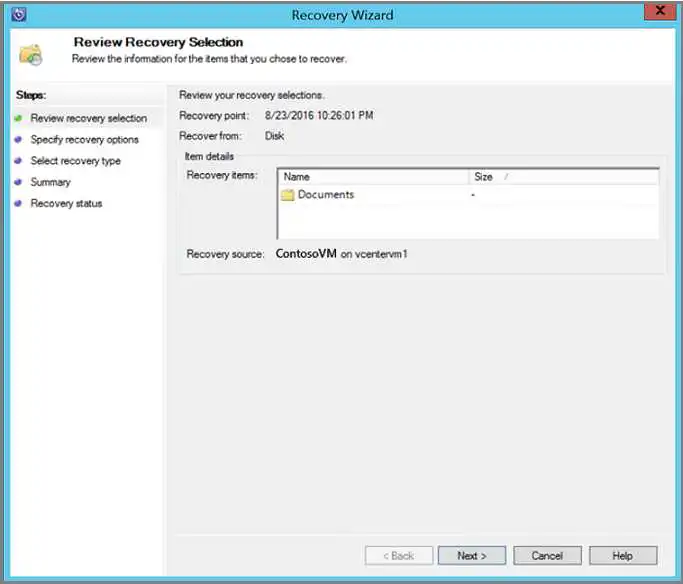 查看恢复点的屏幕截图。