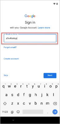 Google 登录屏幕的示例图像，显示“afw#setup”已键入字段。