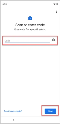 “扫描或输入代码”屏幕的示例图像，突出显示了“下一步”按钮。