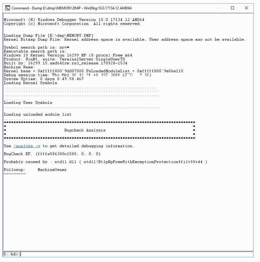 開啟損毀傾印檔案時，WinDbg 中範例輸出的螢幕擷取畫面。