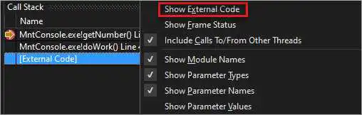 [呼叫堆疊] 視窗中 [顯示外部程式碼] 的螢幕擷取畫面。