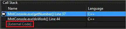 [呼叫堆疊] 視窗中 [外部程式碼] 的螢幕擷取畫面。