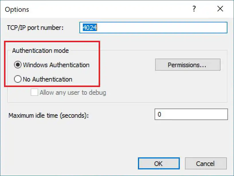 Remote debugger authentication options.