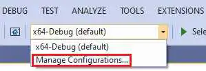 Choose Manage Configurations in the Visual Studio configurations drop-down.