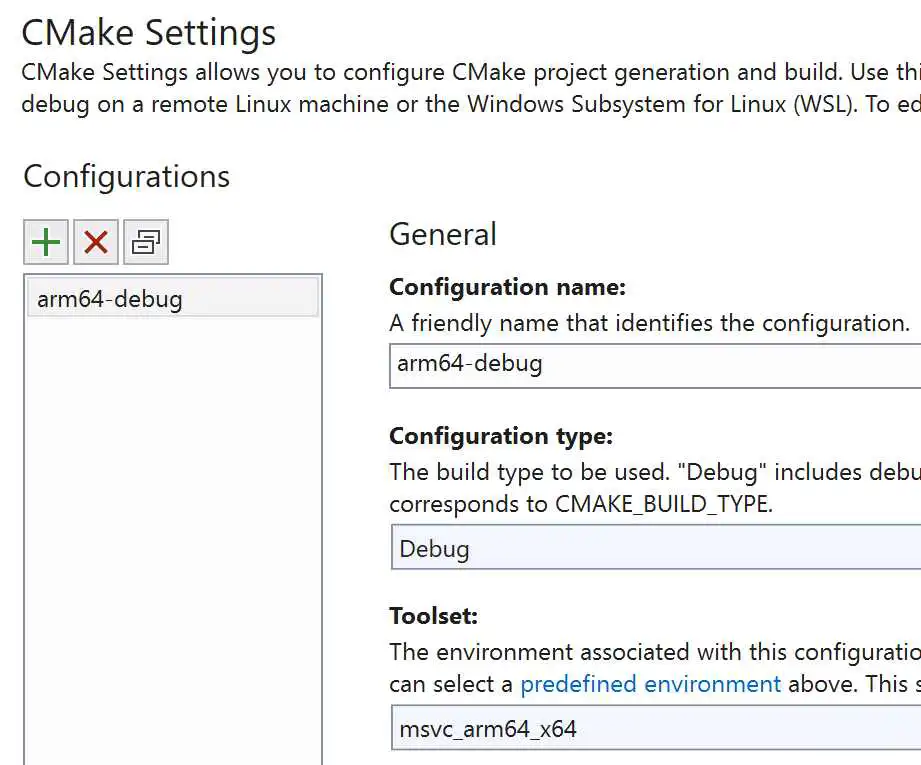 CMake settings dialog.