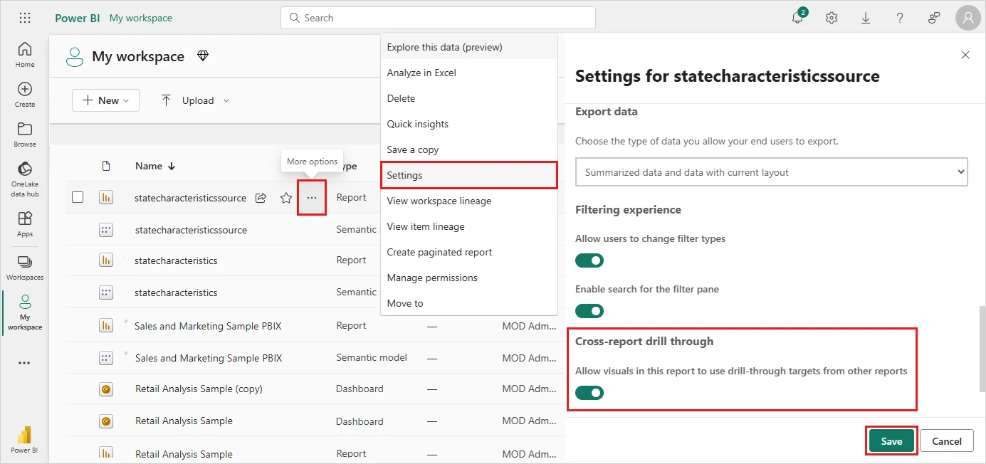 显示在 Power BI 服务中启用跨报表钻取的屏幕截图。