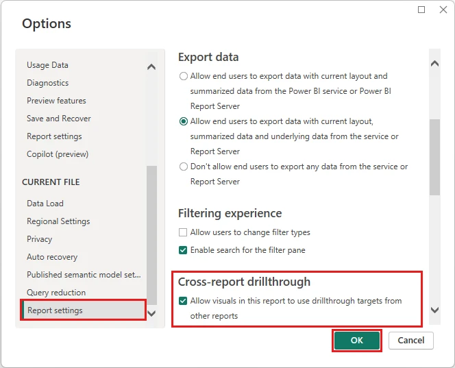 显示在 Power BI Desktop 中启用跨报表钻取的屏幕截图。